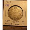 Image 1 : 1918 Canadian Silver 50 Cents. Issued during the last year of World War I. VG-8.