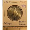 Image 1 : 1967 Canadian Silver 50 Cents. Howling wolf. MS-64 with Cameo. Bright White.