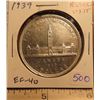 Image 1 : 1939 Royal Visit Canadian Silver 50 Cents. First Royal Visit to Canada. One year type. EF-40.