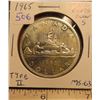 Image 1 : 1965 Type II Canadian Silver Dollar. Small Beads, Blunt 5. MS-63. Lustrous.