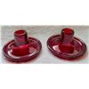 Image 2 : One pair of ruby red glass candlesticks with candles