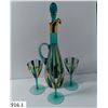 Bohemian MCM Retro Decanter w/ 3 Wine Glasses, gold decoration