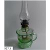Image 3 : Original Green Depression uranium glass 1910 "Little Jewel" miniature finger lamp. Glows! This is a 