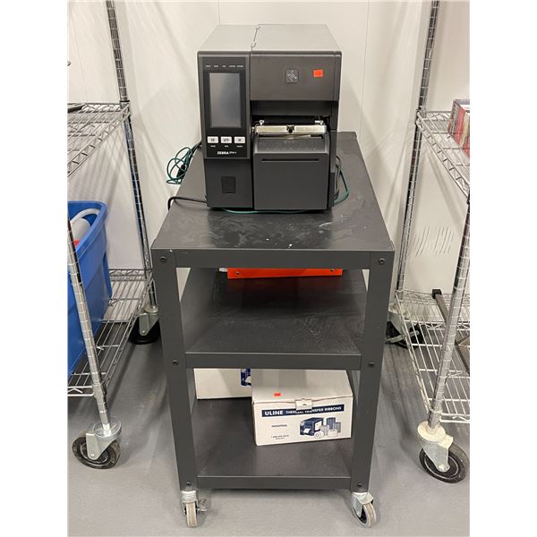 Zebra - Label Printer (model: ZT411) w/stand & boxes of Uline Thermal Transfer Ribbons