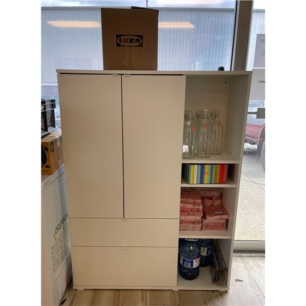 White wooden storage & display cabinet w/ glass bottles only (other contents not included)