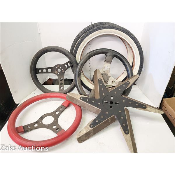 Estate Lot of Steering Wheels and 2 Childrens Bike Tires (16x1.95)