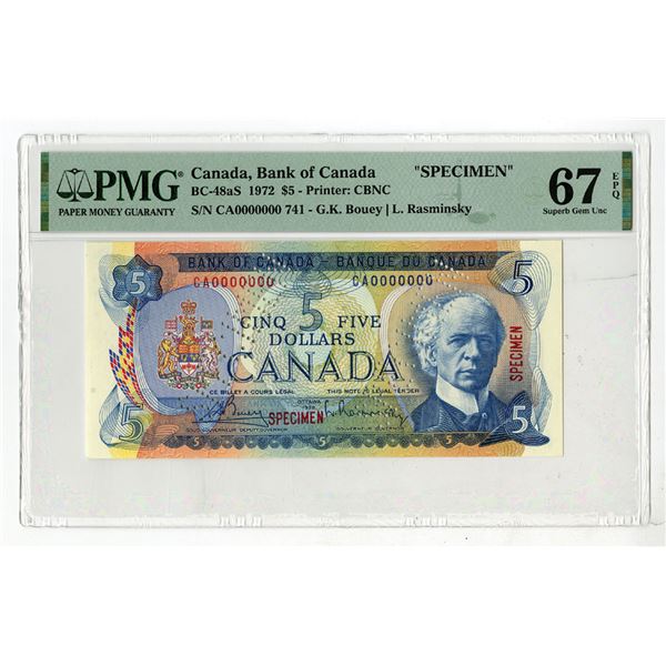 Bank of Canada, 1972, $5, "Top Pop" Specimen Banknote