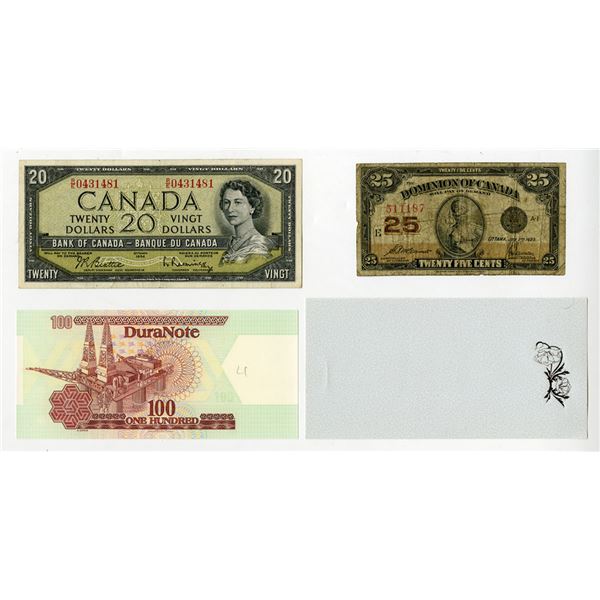Canadian Banknote Assortment and 2 Different DuraNote Polymer Paper Notes, 1923 to 1990s