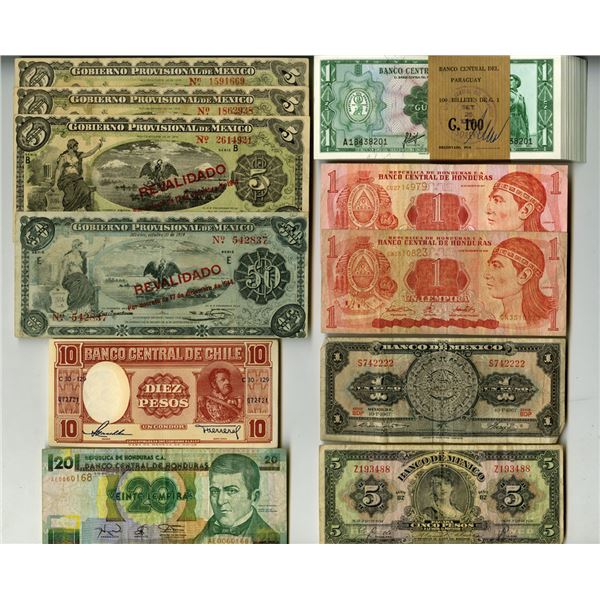 Cuba, Chile, Honduras, Mexico, Paraguay Collection of Issued Banknotes, ca.1914-1970s.