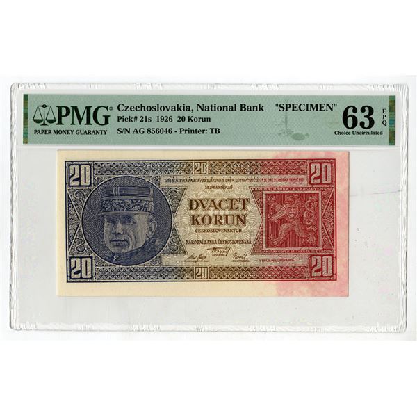 Czechoslovakia, National Bank, 1926, Specimen Banknote.