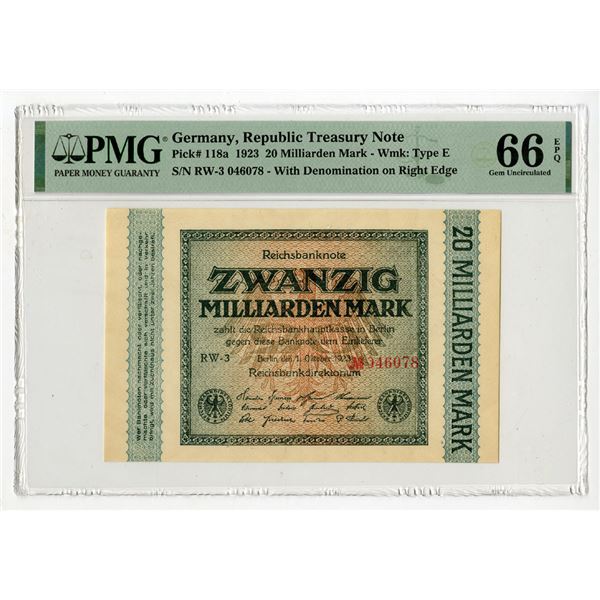 German Republic Treasury Note, 1923, Issued Banknote