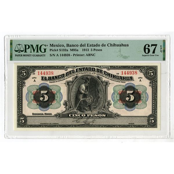 Mexico. Banco del Estado De Chihuahua, 1913,  Top Pop  5 Pesos Banknote