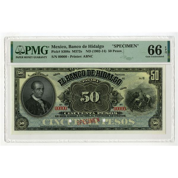 Mexico. Banco de Hidalgo, ND (1902-1914),  Top Pop  50 Pesos Specimen Banknote