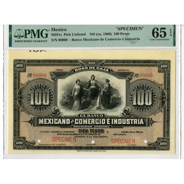 Banco Mexicano de Comercio e Industria, ND (ca.1900), "Top Pop" Specimen Banknote