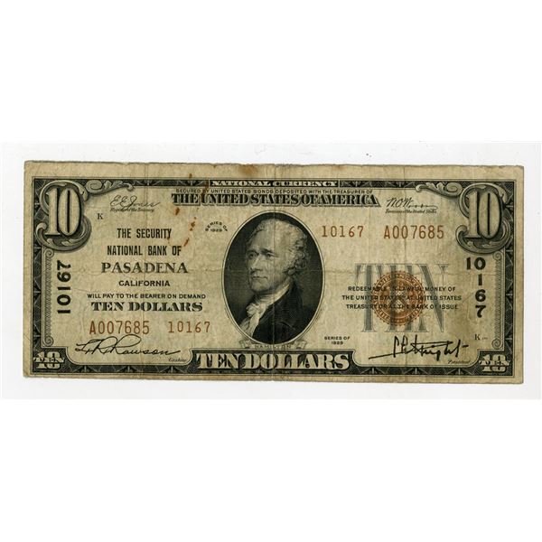 Pasadena, California. Security National Bank of Pasadena, 1929, Issued Banknote