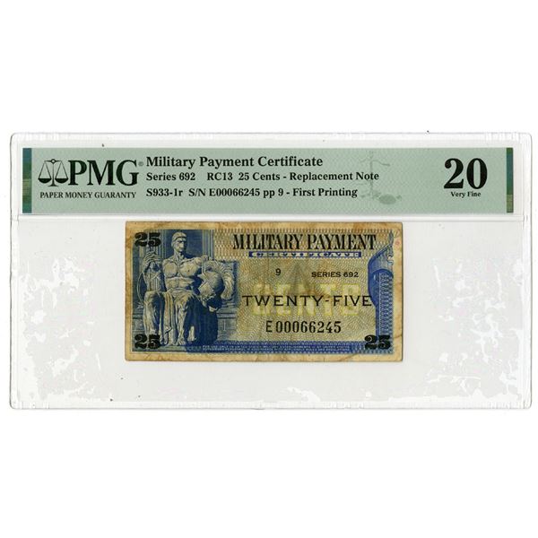 Military Payment Certificate, 25 Cents, S933-1r, Series 692, RC13 - Replacement Note Highest S/N #E0