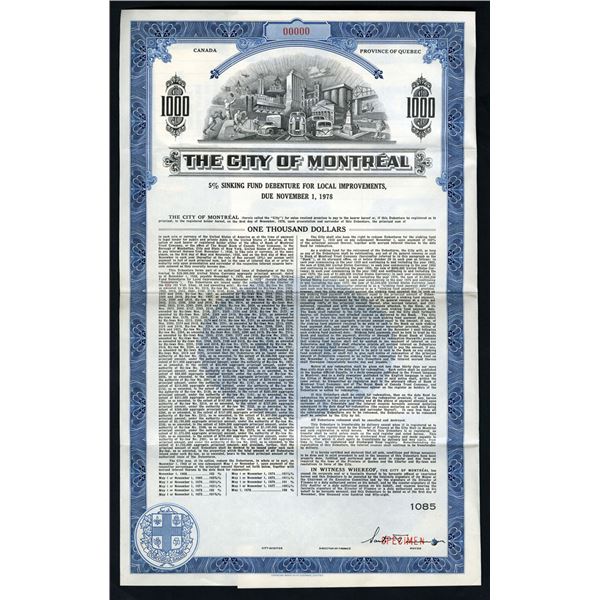 City of Montreal, 1958 Specimen Bond