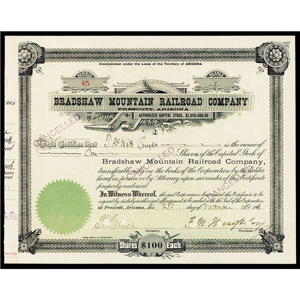 Arizona. Bradshaw Mountain Railroad Company, 1911 I/C Stock Certificate.