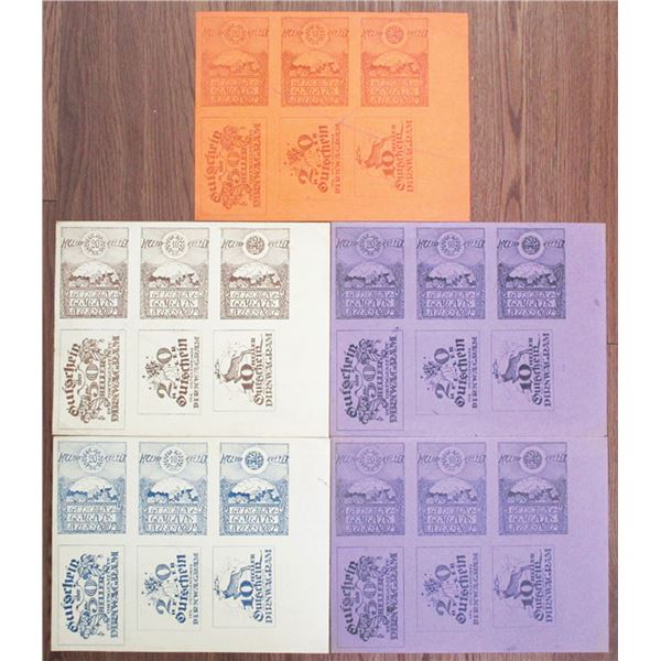 Dirnwagram & Inzersdorf. 1921. Group of 5 Uncut Notgeld Proof or Printer's Waste Sheet of 6 notes Ea
