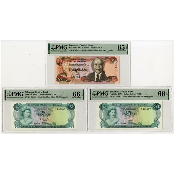 Central Bank of the Bahamas, 1974-2001, Issued Banknote Trio.