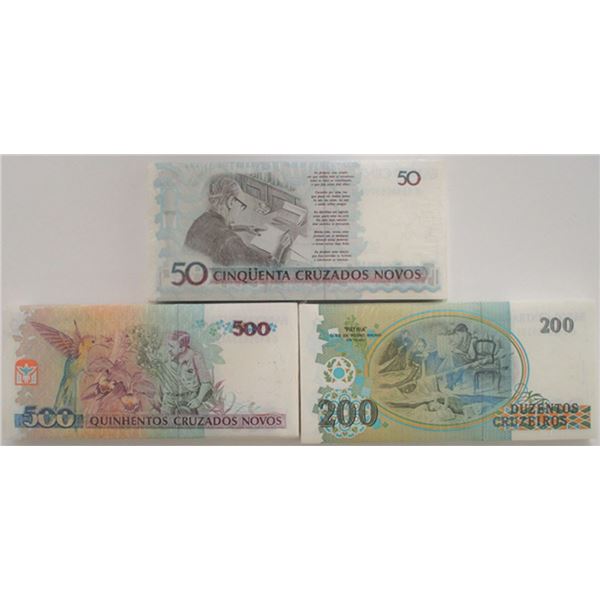 Brazil. Banco Central do Brasil. 500, 200, and 50 Cruzados Novos Uncirculated Packs of 100