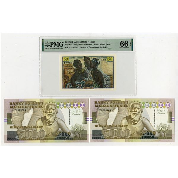 French West Africa & Madagascar, Issued Banknote Trio., ND (1956 to 1993)