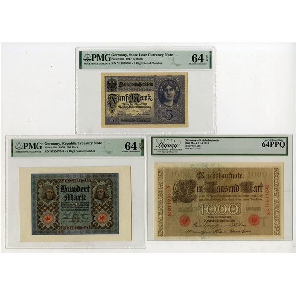 Germany. Reichsbanknote, Republic Treasury, and State Loan Currency Note, Banknote Trio, ca.1910 to 