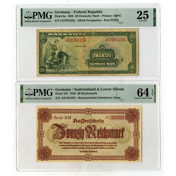 Germany, Sudetenland & Lower Selesia and Federal Republic Issued Banknote Pairs, 1945 and 1948