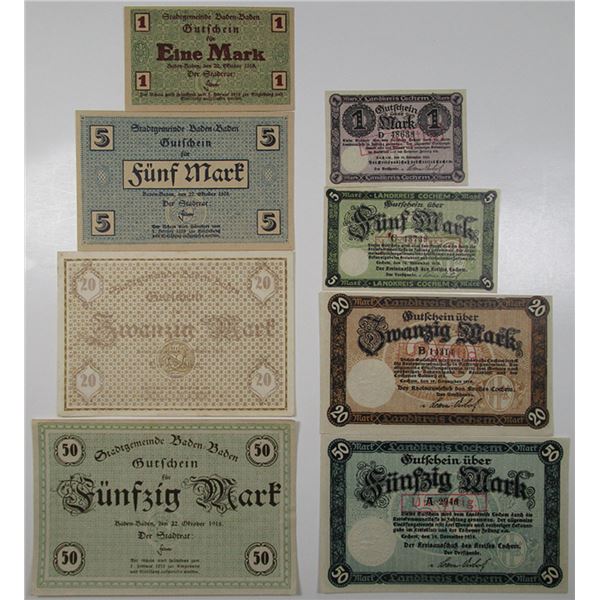 Baden-Baden & Cochem. 1918. Lot of 8  Emergency Notgeld Banknotes..