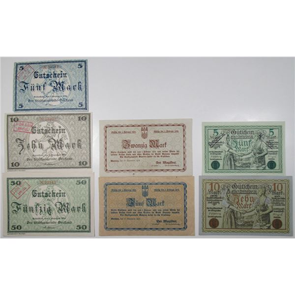 Bunzlau, Rochlitz, & Rudolstadt. 1918. Lot of 7 Issued Emergency Notgeld Banknotes.