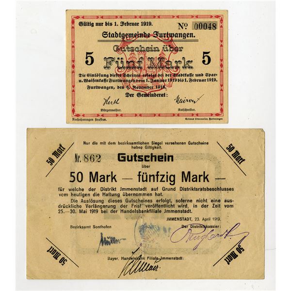 Furtwangen & Immenstadt, 1919, Pair of Issued Notgeld