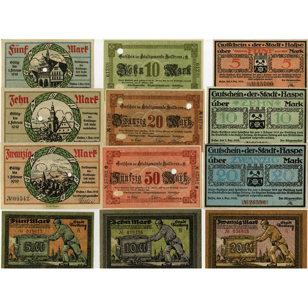 Haspe, Heilbronn, Feiberg, and Giessen, 1918-19, Assortment of Issued Notgeld