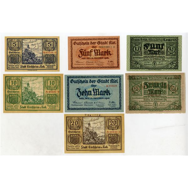 Kiel, Kamens, and Kirchheim unter Teck, 1918-19, Assortment of Issued Notgeld Notes