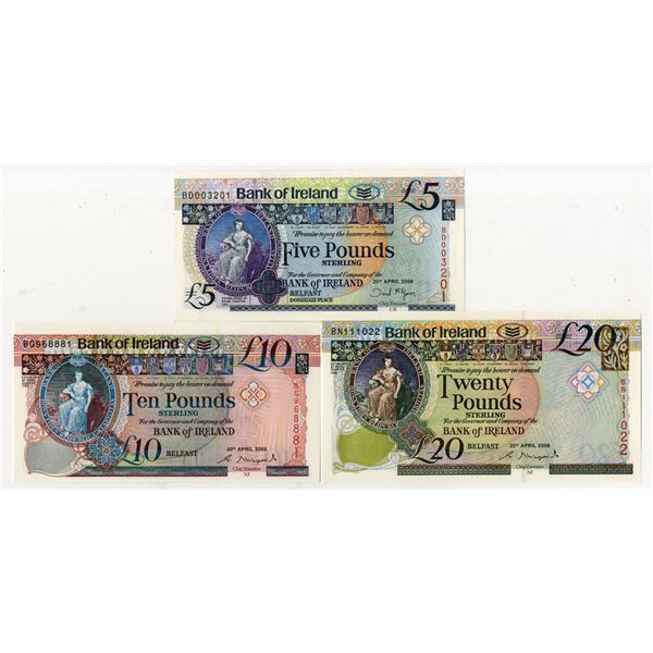 Bank of Ireland, 2008, Issued Banknote Trio.