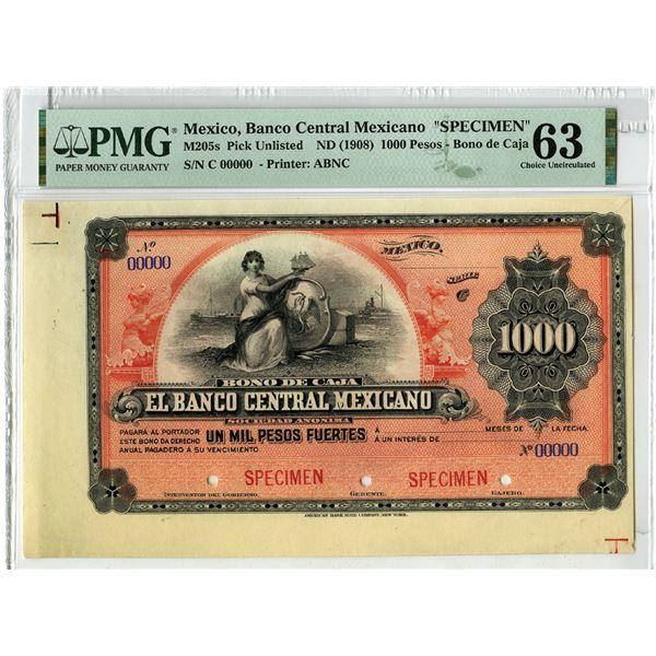 Mexico. Banco Central Mexicano, Bono de Caja. ND (1900-1908). 1000 Pesos Specimen Banknote