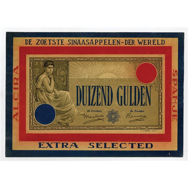 Alcira Crate Label, ND (ca.1920s) - De Nederlandsche Bank Look-a-like the 1000 Gulden, 1925-38, P-48