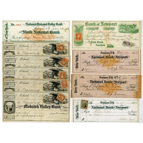New Jersey and New York Assortment of I/C Checks, 1866 to 1877, With Revenue Stamps