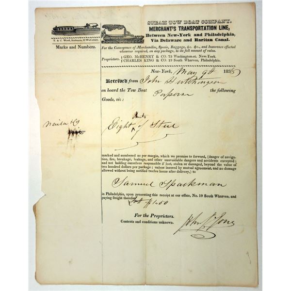 Steam Tow Boat Co. Merchant's Transportation Line, 1838, Receipt/Letter VF