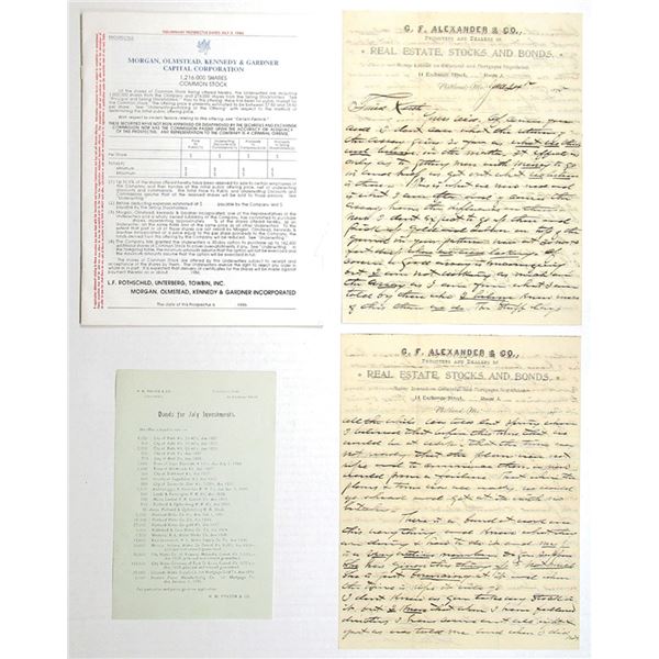 G,W, Alexander & Co., Letter, Bond Investment Offering from 1891, and Prospectus for Investing in a 