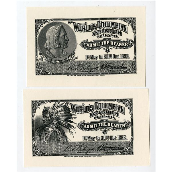 ABNC World's Columbian Expo Passes, Proprietary Proof Pair, 1893 (reprinted ca.1970-80's)