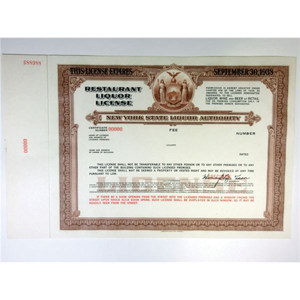 NY State Liquor Authority 1938 SPECIMEN Restaurant Liquor License ABNC Brown