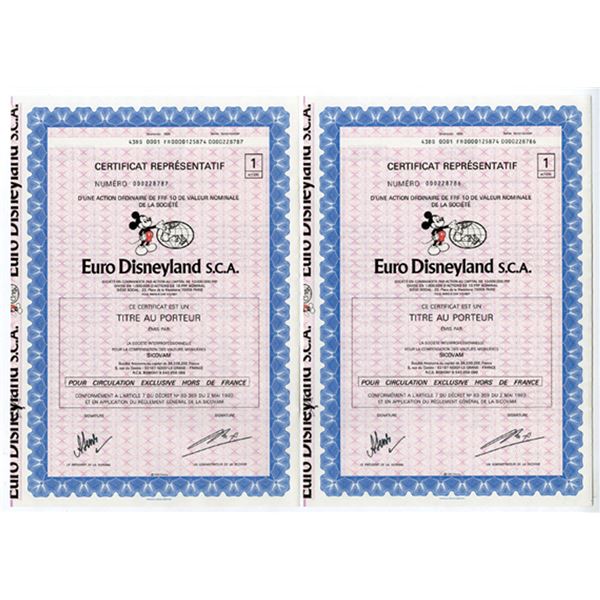 Euro Disneyland S.C.A., 1989, Issued Stock Certificate Pair