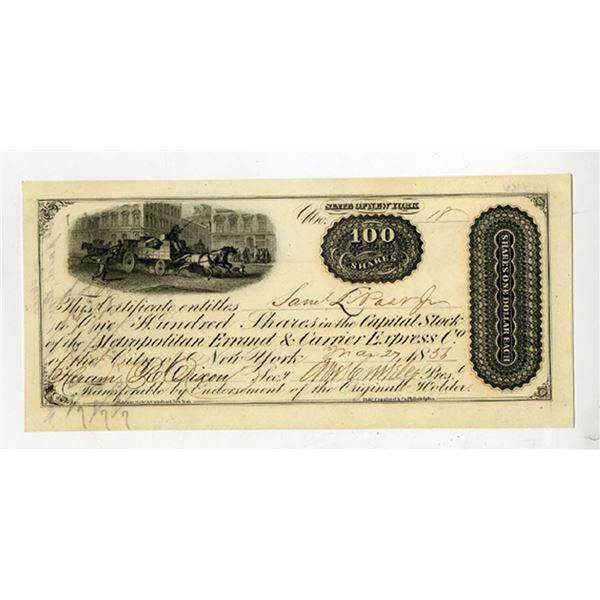 Metropolitan Errand & Carrier Express Co., 1856, I/U "Obsolete Look-a-like" Stock Certificate.