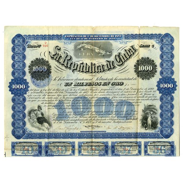 Republica de Cuba, 1872, 1000 Pesos, I/U Bond