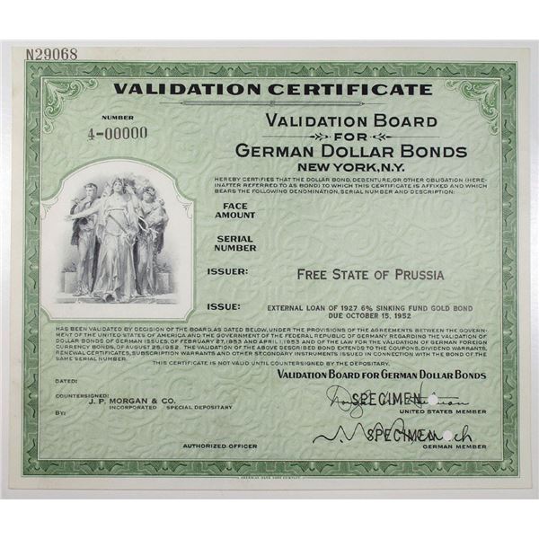 Validation Board for German Dollar Bonds, Free State of Prussia, 1927 (Issued in 1953) Specimen Cert