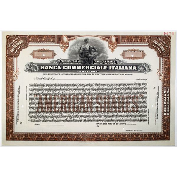 Banca Commerciale Italiana, 1928 Specimen Certificate of "American shares" Stock Certificate