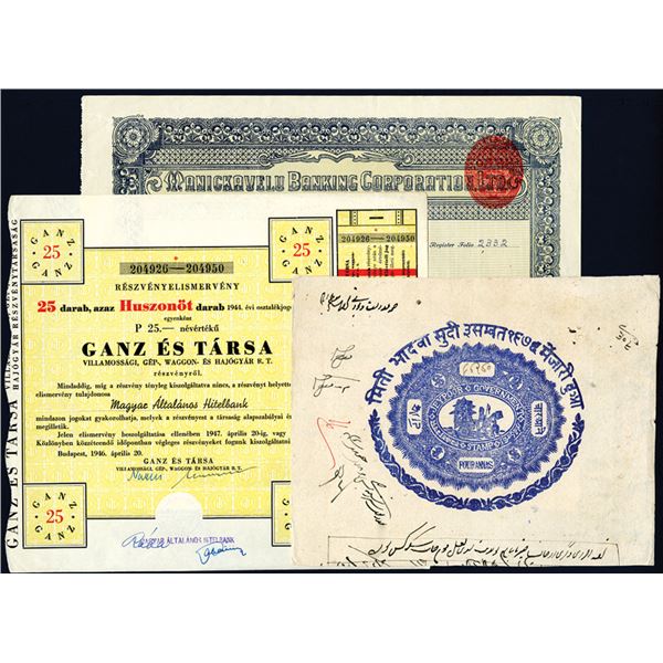 Indian and Hungarian Assorted Stocks and Bonds, Lot of 3.