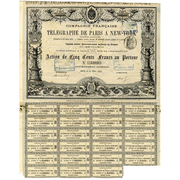 Telegraphe De Paris A New-York 1879 Issued Bond.