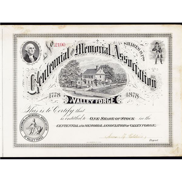 Centennial & Memorial Association of Valley Forge, 1878 Partially Issued Certificate.