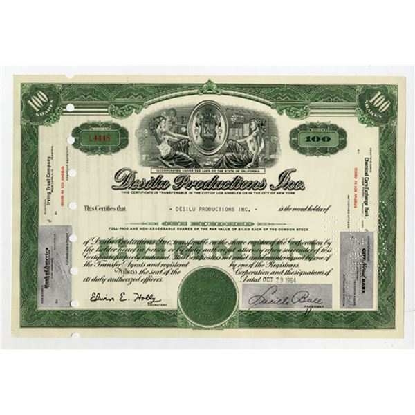 Desilu Productions, Inc., 1964, I/C Stock Certificate with Facsimile Signed by Desi Arnaz & Lucille 